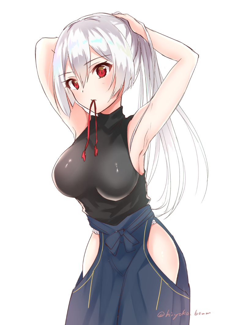 1girl, armpits, arms_up, black_shirt, blue_hakama, character_request, cowboy_shot, eyebrows_visible_through_hair