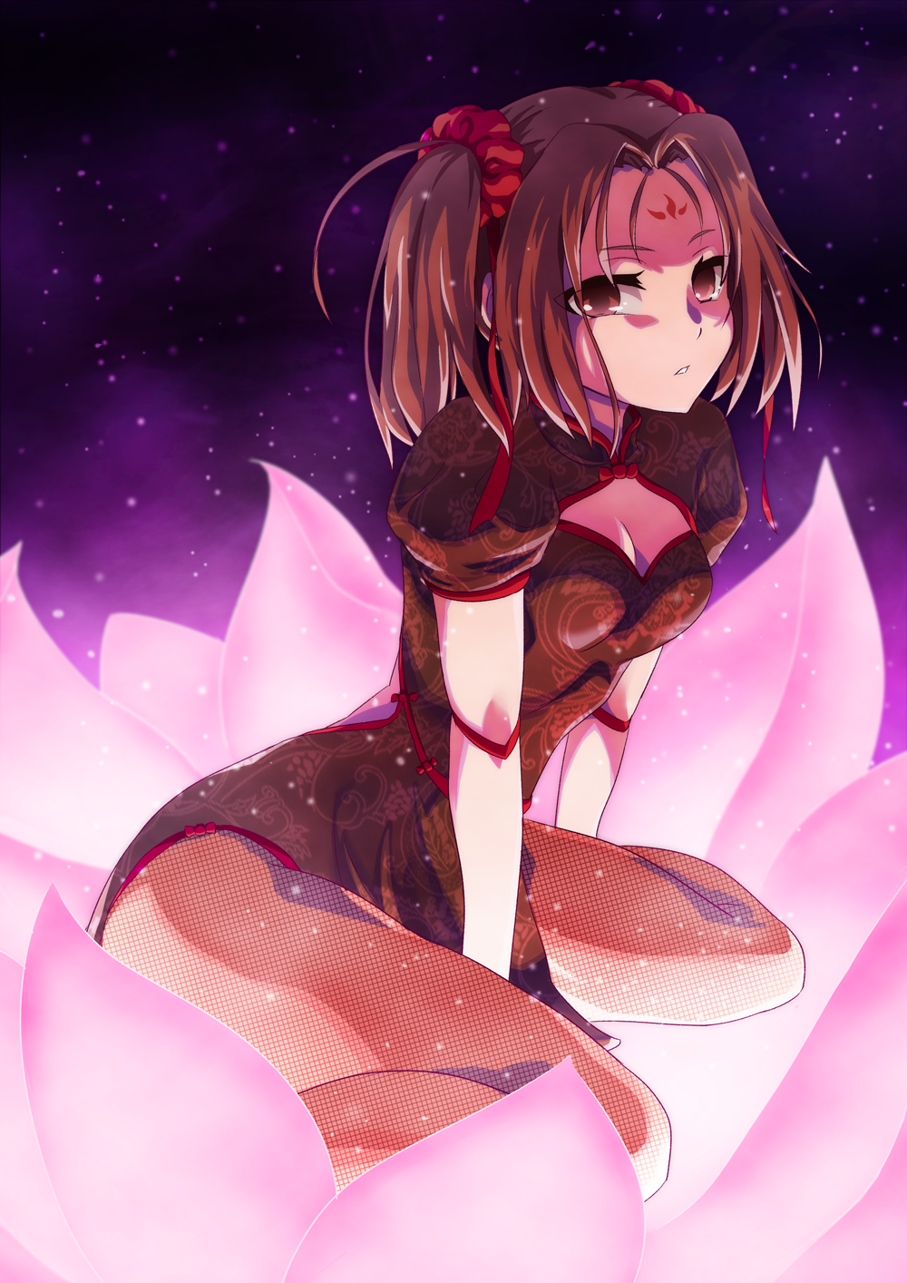 1girl, between_legs, black_dress, breasts, brown_eyes, brown_hair, cleavage, dress