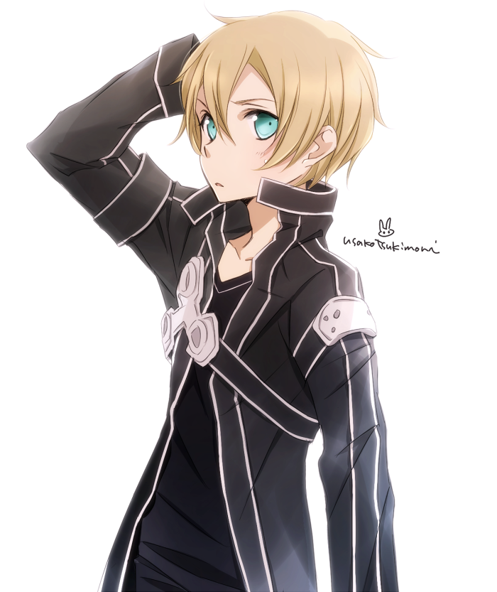 1boy, aqua_eyes, arm_up, black_shirt, blonde_hair, collarbone, cosplay, eugeo