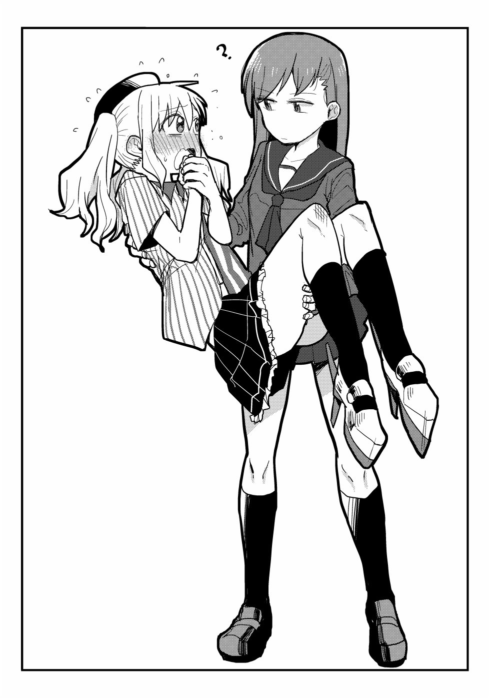 2girls, ?, blush, buttons, carrying, collarbone, collared_shirt, commentary