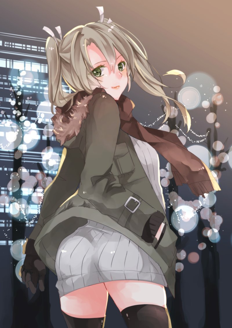 1girl, alternate_costume, ass, black_legwear, brown_scarf, city, city_lights, closed_mouth