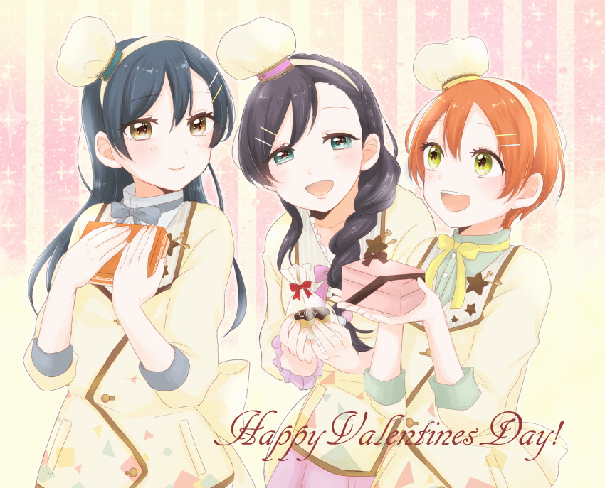3girls, alternate_hairstyle, blue_hair, blush, box, braid, chocolate, cowboy_shot
