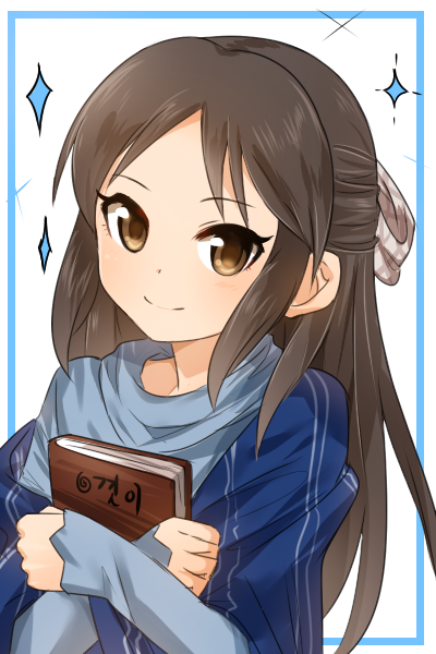 1girl, bangs, blue_border, blue_sweater, blush, book, border, brown_eyes