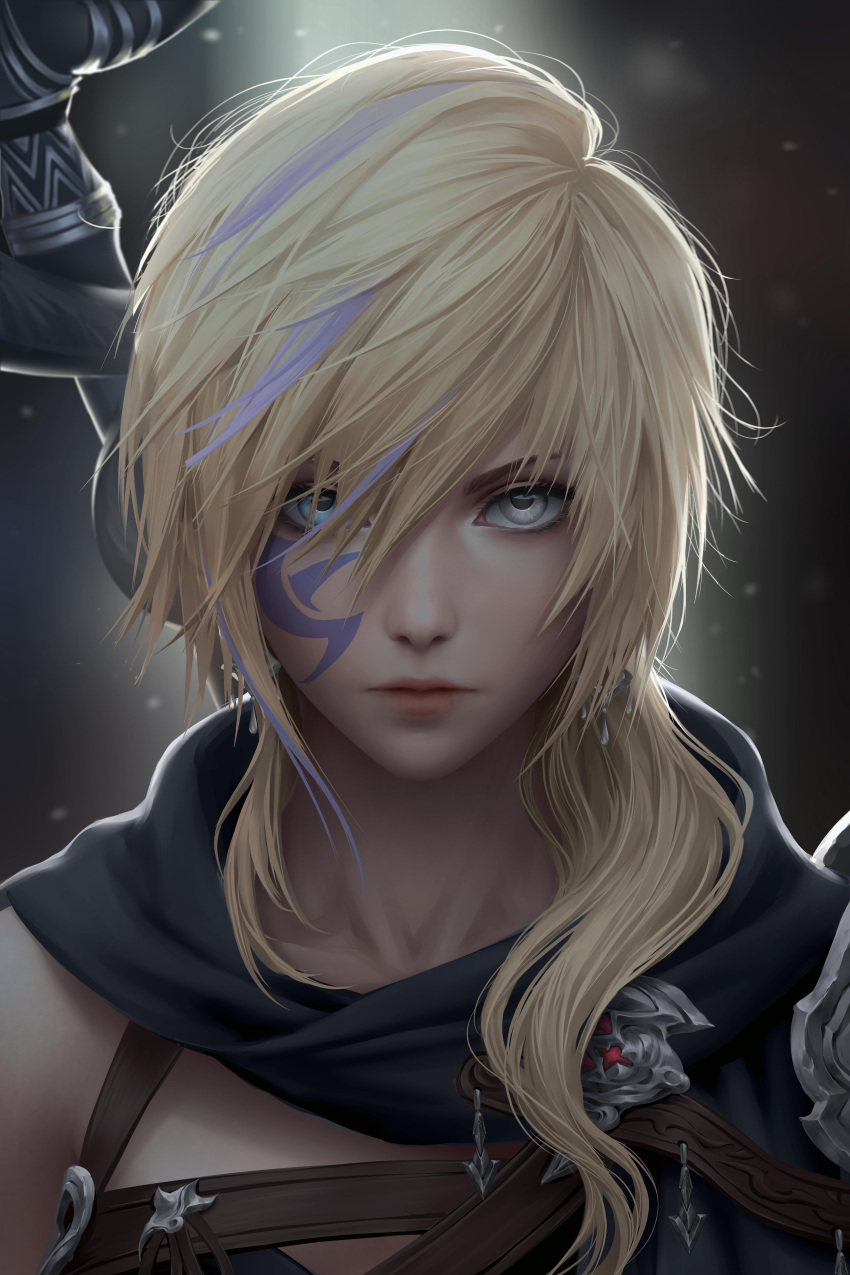 1girl, absurdres, artist_name, blonde_hair, chuby_mi, dragoon_(final_fantasy), earrings, facial_tattoo