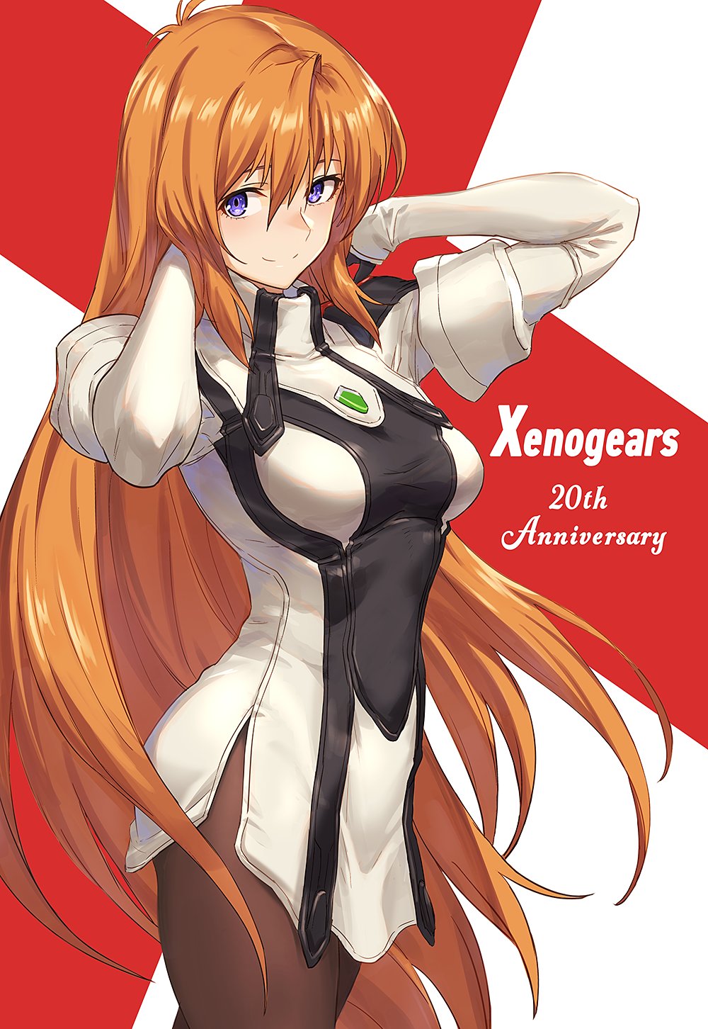 1girl, anniversary, arms_up, bangs, black_gloves, breasts, brown_legwear, closed_mouth