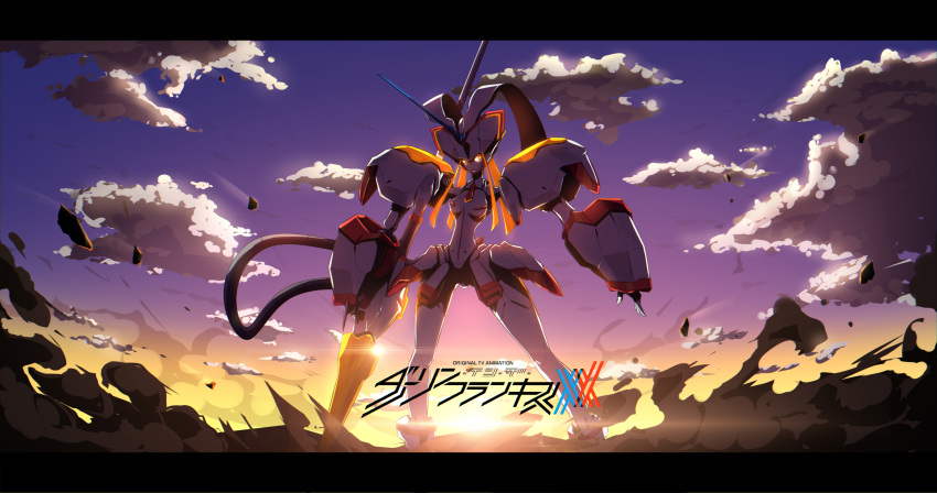 absurdres, clouds, darling_in_the_franxx, highres, humanoid_robot, looking_at_viewer, mecha, no_humans