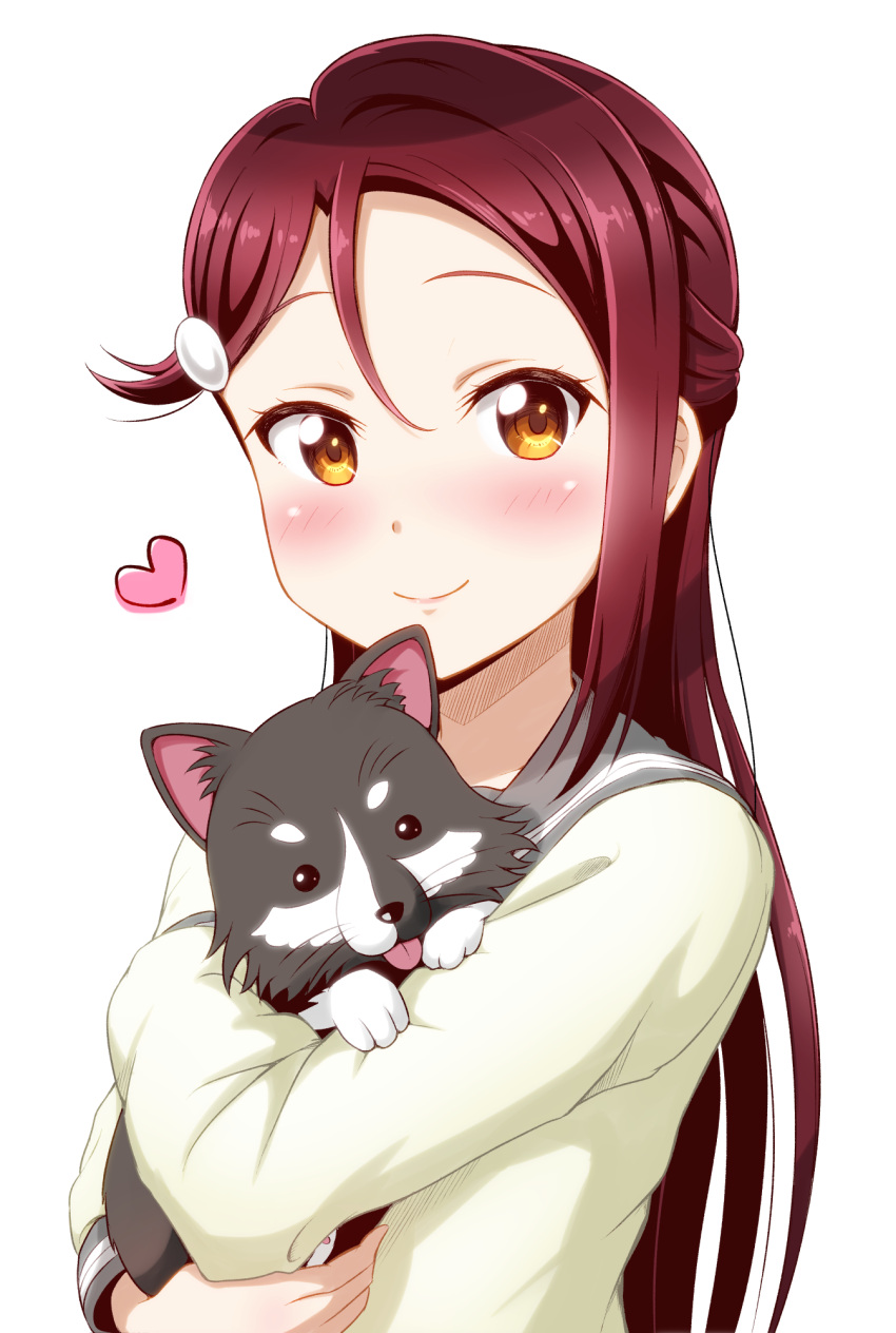 1girl, animal, anko_(love_live!_sunshine!!), blush, ckst, dog, hair_ornament, hairclip