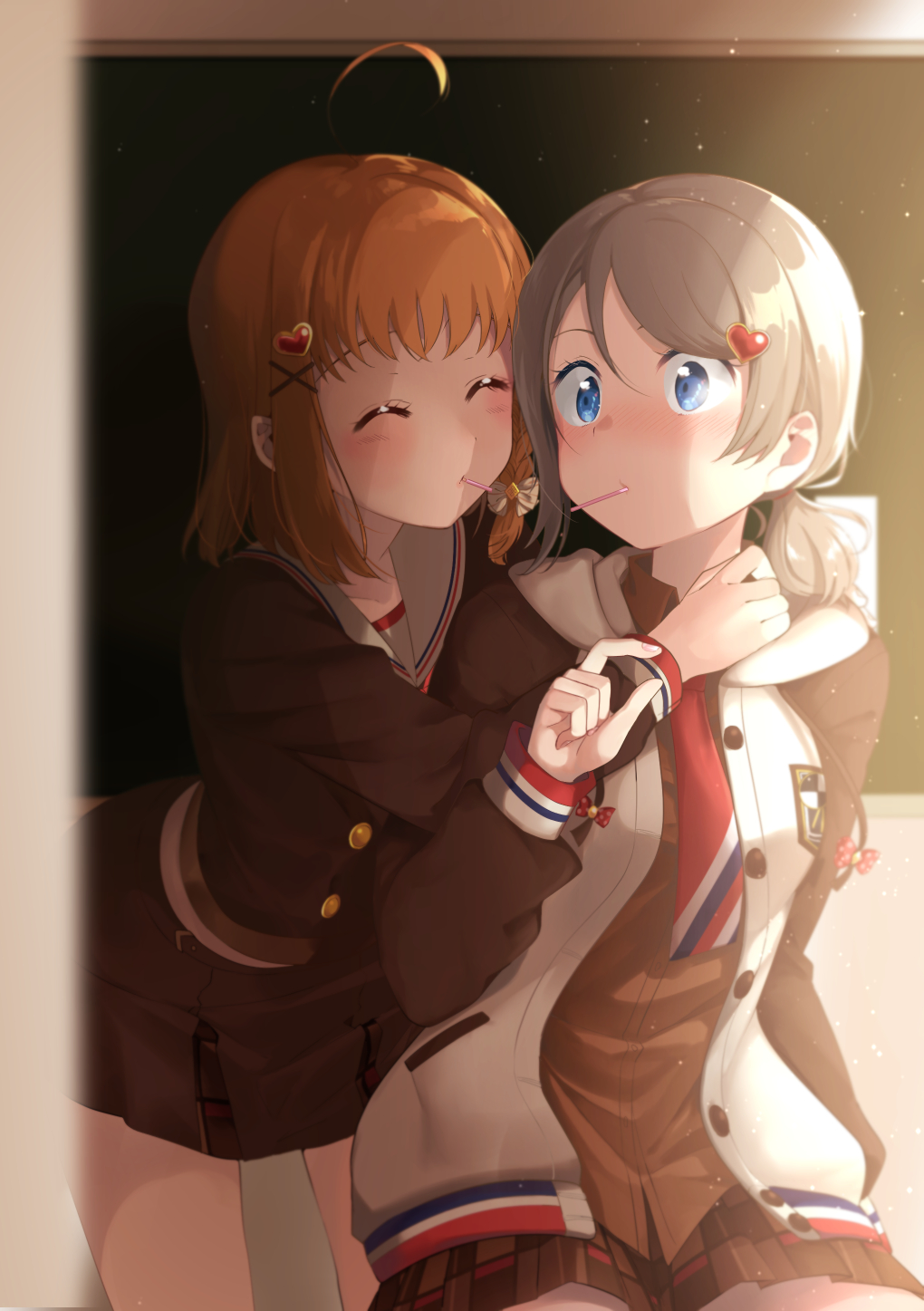2girls, ^_^, ahoge, blue_eyes, blush, bow, braid, brown_skirt