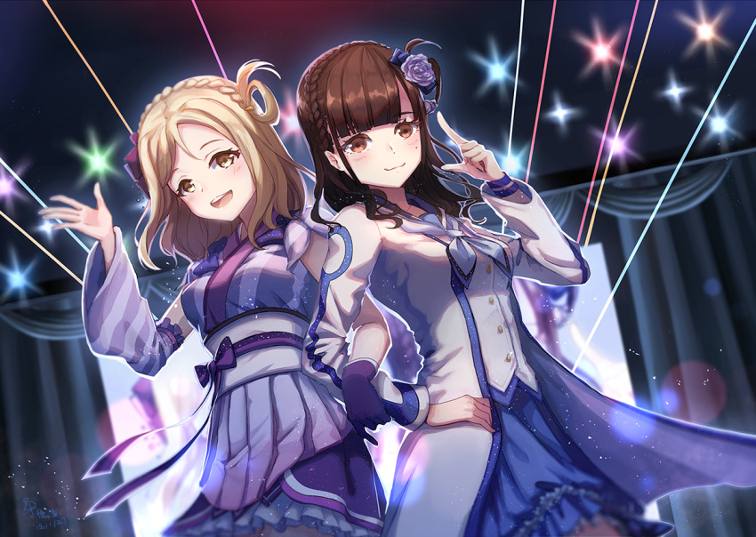 2girls, :d, bangs, blonde_hair, blue_neckwear, blunt_bangs, bow, braid