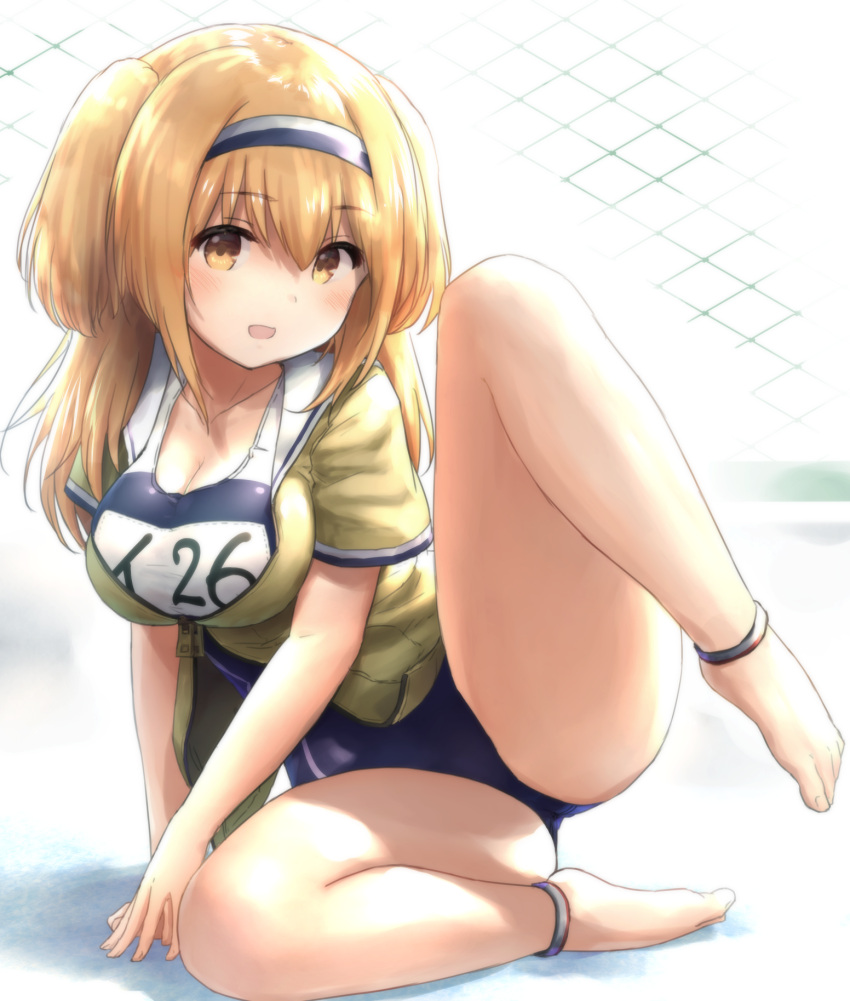 barefoot, blush, breasts, chain-link_fence, cleavage, clothes_writing, collarbone, commentary_request
