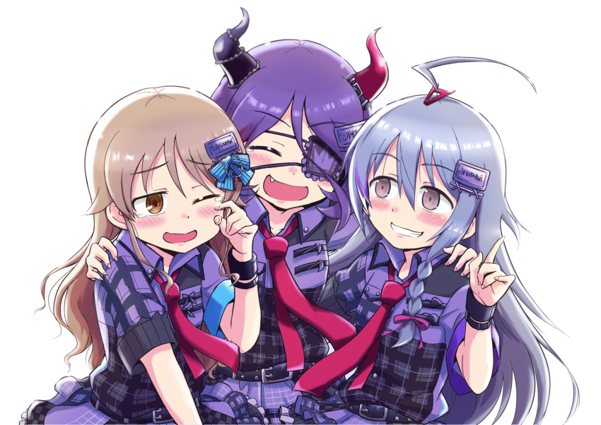 3girls, ahoge, alternate_hairstyle, backlighting, belt, blush, bow, braid