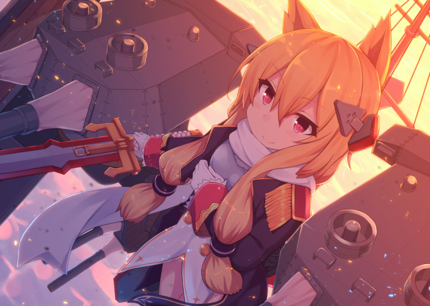 1girl, abekawa_mochi, animal_ears, azur_lane, bangs, black_jacket, blonde_hair, blush, cannon, cat_ears, closed_mouth, commentary_request, dutch_angle, eyebrows_visible_through_hair, gloves, hair_between_eyes, headgear, holding, holding_sword, holding_weapon, jacket, long_hair, long_sleeves, ocean, outdoors, red_eyes, sidelocks, smile, solo, standing, sunset, sword, turret, warspite_(azur_lane), water, weapon, white_gloves