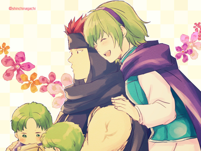 1girl, blue_eyes, blush, brothers, cape, father_and_son, fire_emblem, fire_emblem:_fuuin_no_tsurugi