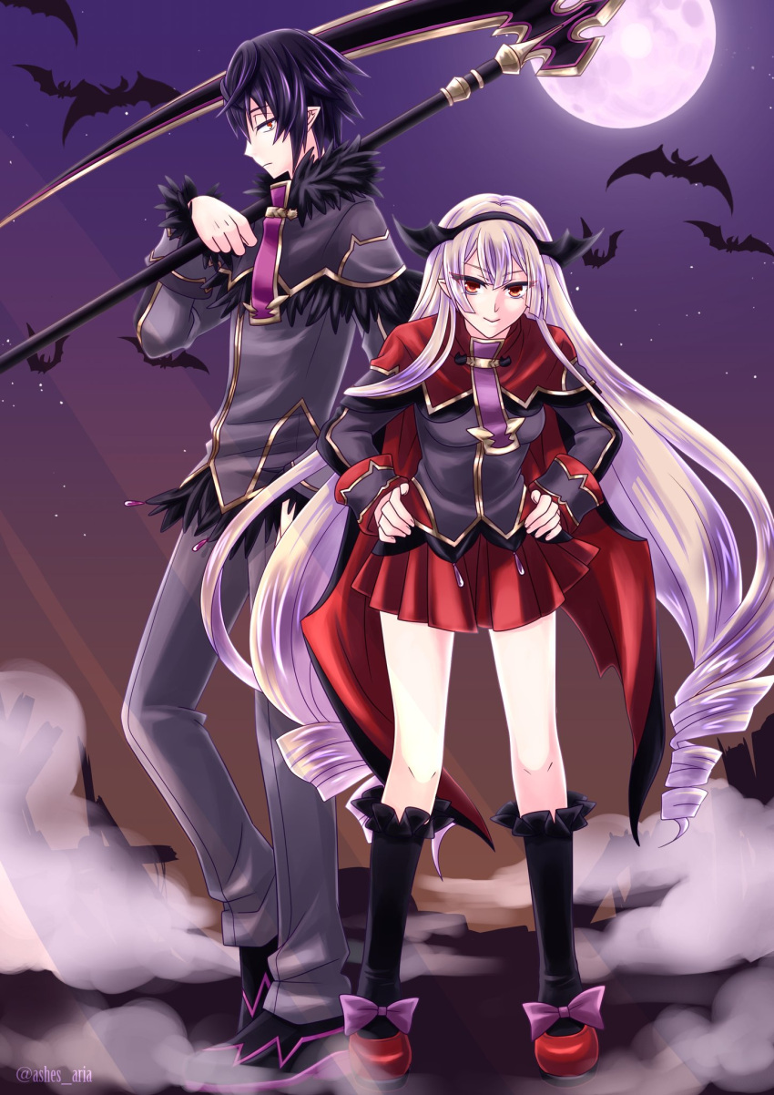 1boy, 1girl, ashes_aria, bat, black_hair, blonde_hair, camilla_regina, drill
