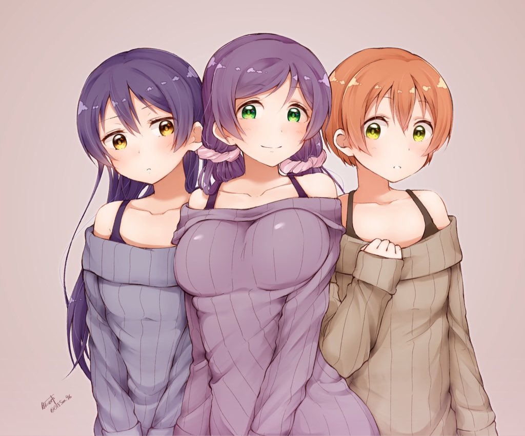 3girls, bare_shoulders, blue_hair, blush, closed_mouth, collarbone, commentary_request, cowboy_shot
