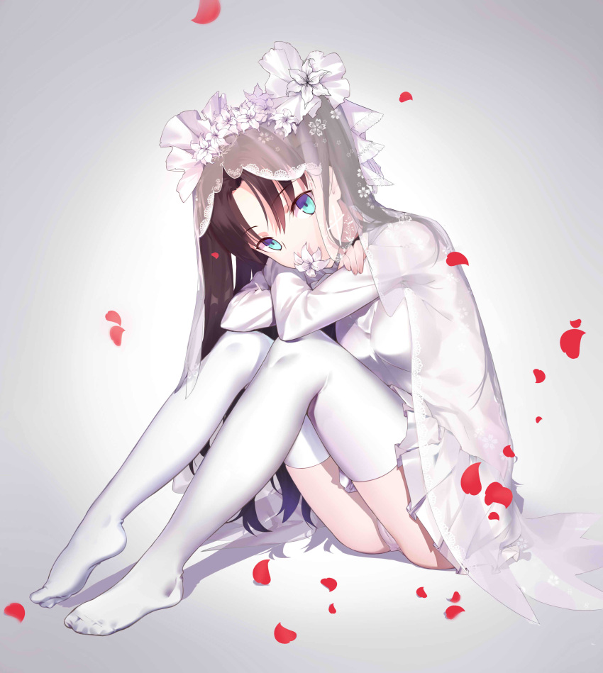 1girl, absurdres, barefoot, blue_eyes, breasts, bride, brown_hair, crossed_arms