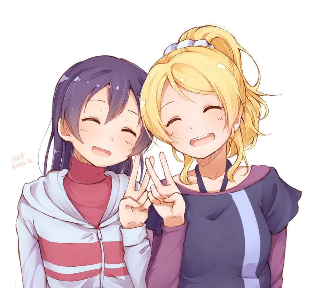 ayase_eli, bangs, blonde_hair, blue_hair, closed_eyes, commentary_request, hair_between_eyes, hatagaya