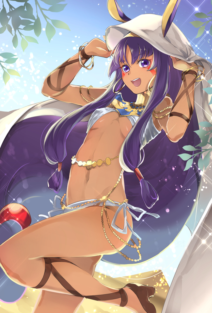 1girl, :d, adjusting_hair, animal_ears, annojou_haruto, breasts, commentary_request, dark_skin