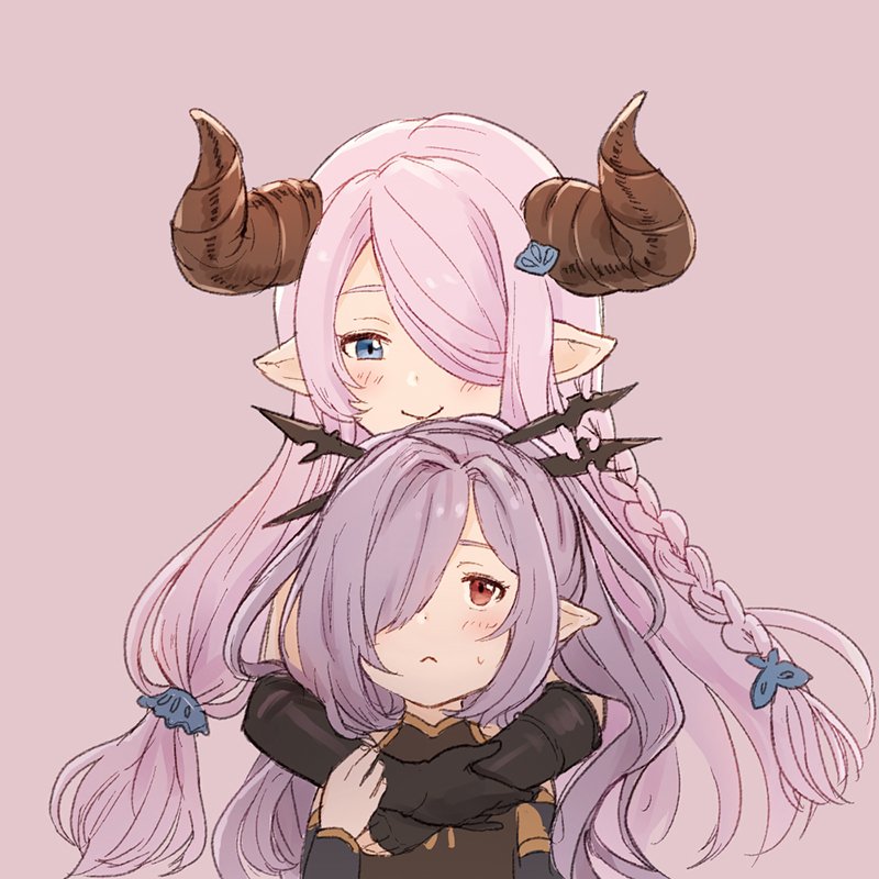 2girls, blue_eyes, blush_stickers, braid, chabo213, colored, doraf, granblue_fantasy, hair_ornament, hair_over_one_eye, harbin, horns, hug, hug_from_behind, long_hair, multiple_girls, narumeia_(granblue_fantasy), nio_(granblue_fantasy), pink_background, pink_hair, pointy_ears, ponytail, purple_hair, red_eyes, smile, sweatdrop