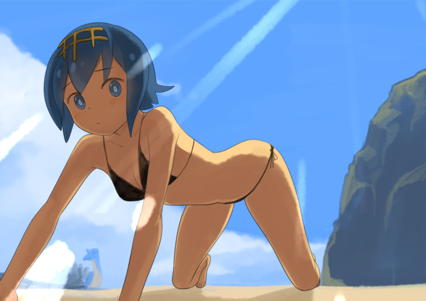 1girl, all_fours, barefoot, beach, bikini, black_bikini, blue_eyes, blue_hair, blue_sky, blush, breasts, bright_pupils, closed_mouth, clouds, collarbone, day, hairband, lapras, looking_at_viewer, nishi_tanuki, outdoors, pokemon, pokemon_(creature), pokemon_(game), pokemon_sm, rock, short_hair, side-tie_bikini, sky, small_breasts, solo, suiren_(pokemon), sunlight, swimsuit, water