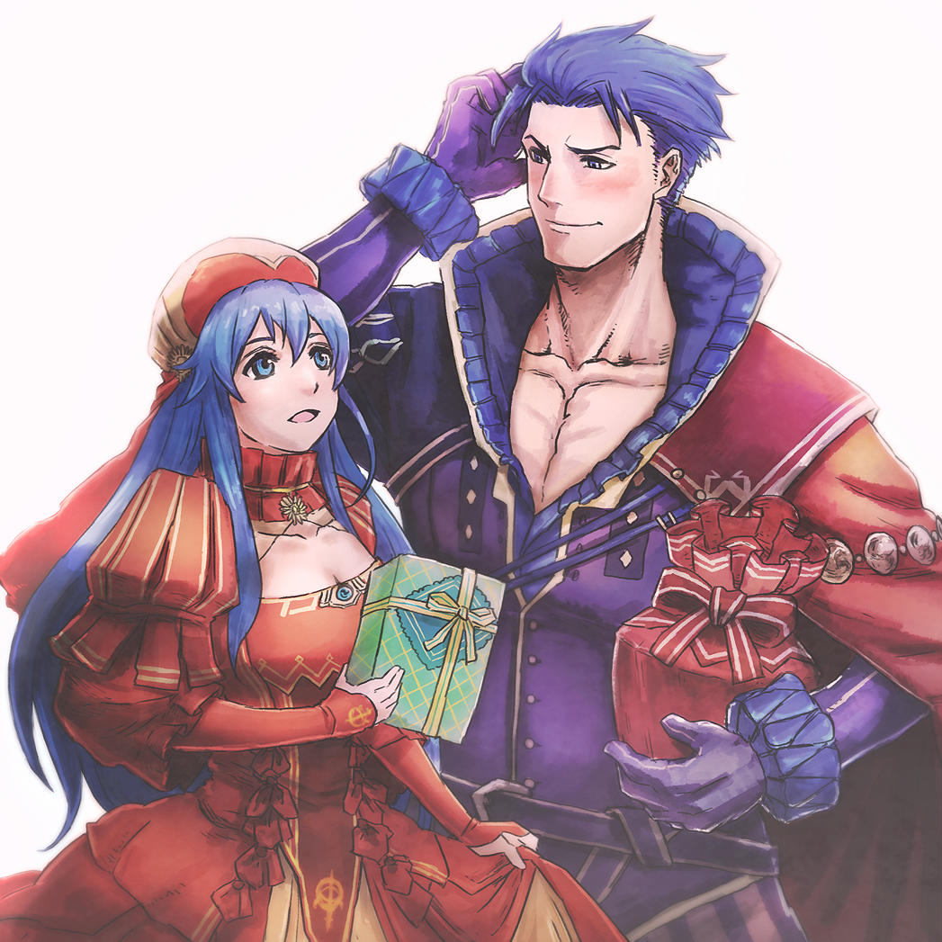 1boy, 1girl, blue_eyes, blue_hair, blush, cape, dress, father_and_daughter