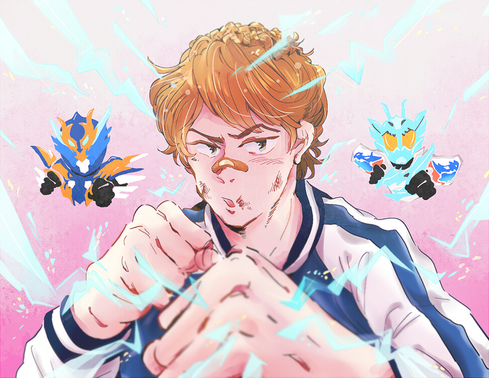 1boy, bandaid, bandaid_on_nose, banjou_ryuuga, blurry_foreground, bruise, clenched_hand, fighting_stance