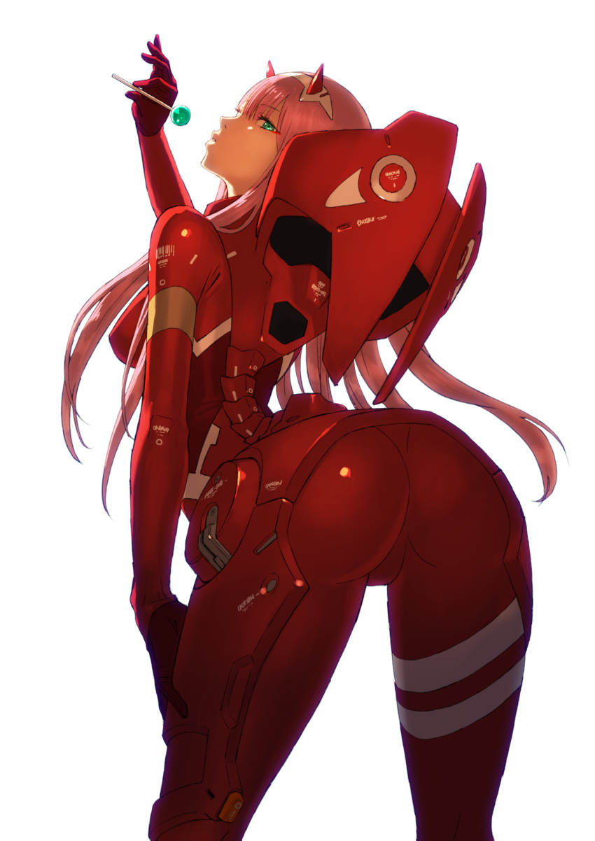 1girl, aqua_eyes, arched_back, ass, backlighting, bent_over, bodysuit, breasts, candy, commentary_request, darling_in_the_franxx, eyebrows_visible_through_hair, food, from_behind, hairband, highres, horns, lips, lollipop, long_hair, looking_at_viewer, looking_back, medium_breasts, parted_lips, pilot_suit, pink_hair, red_bodysuit, shiny, shiny_hair, simple_background, skin_tight, solo, standing, white_background, yoshimura_ken'ichirou, zero_two_(darling_in_the_franxx)