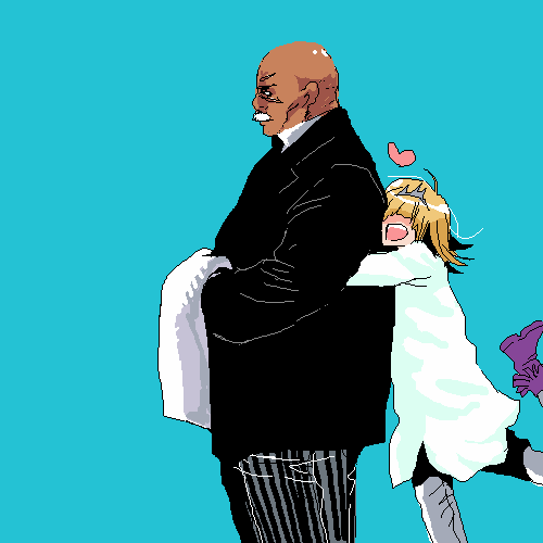 belphegor_(reborn), black_skin, blonde_hair, butler, crown, family, fat, hug