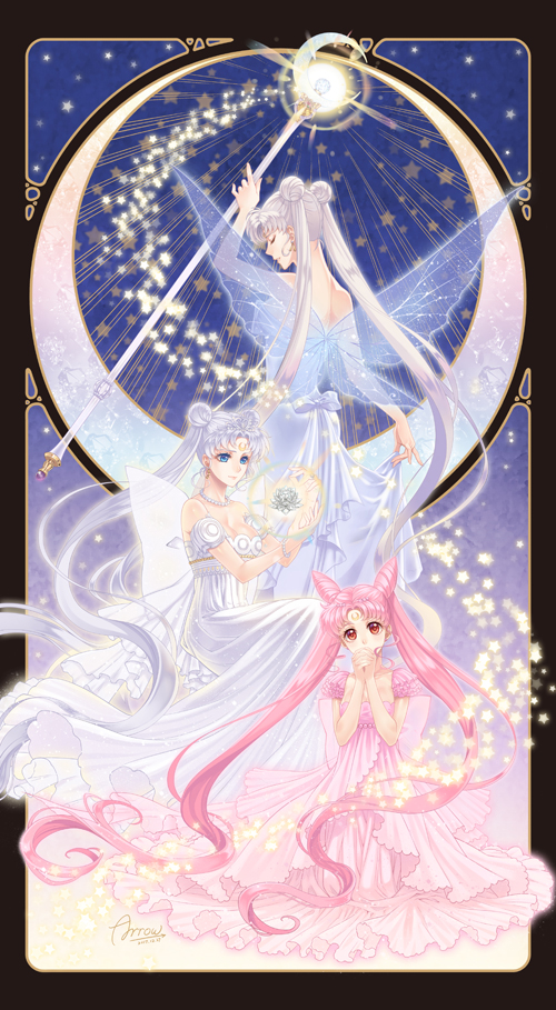 3girls, bare_shoulders, bishoujo_senshi_sailor_moon, blue_eyes, chibi_usa, closed_eyes, covered_mouth, crescent