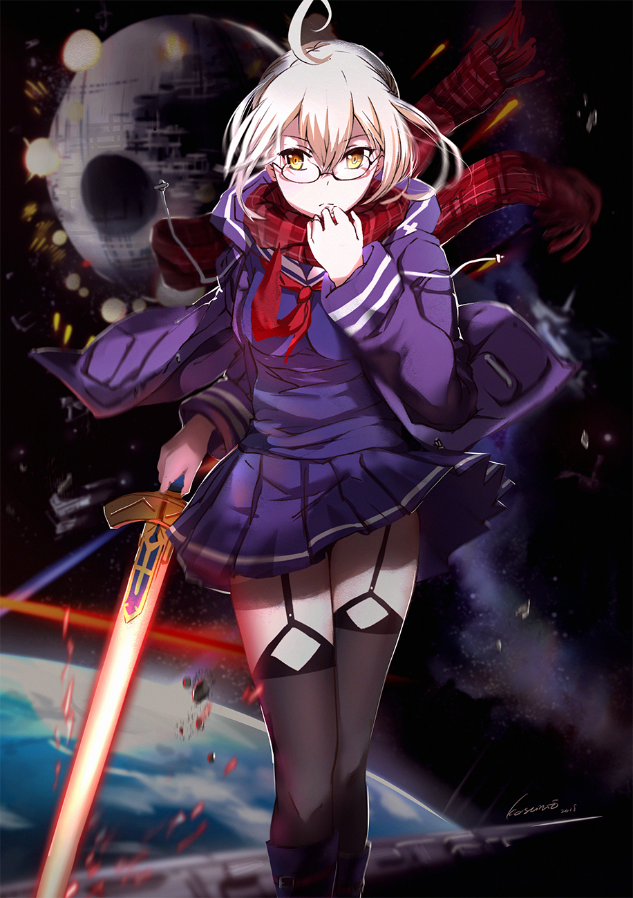 1girl, artoria_pendragon_(all), bangs, battle, black-framed_eyewear, black_footwear, black_legwear, blonde_hair