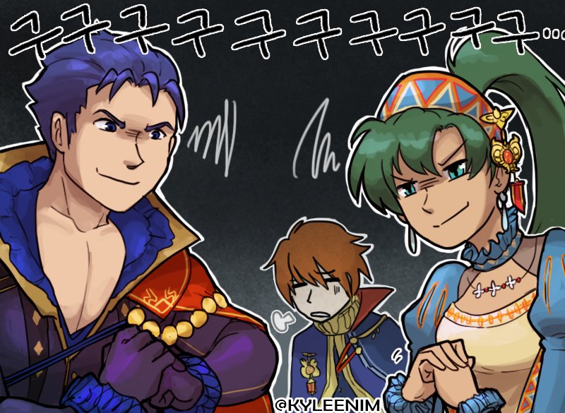 1girl, 2boys, armor, blue_eyes, blue_hair, cape, closed_eyes, dress
