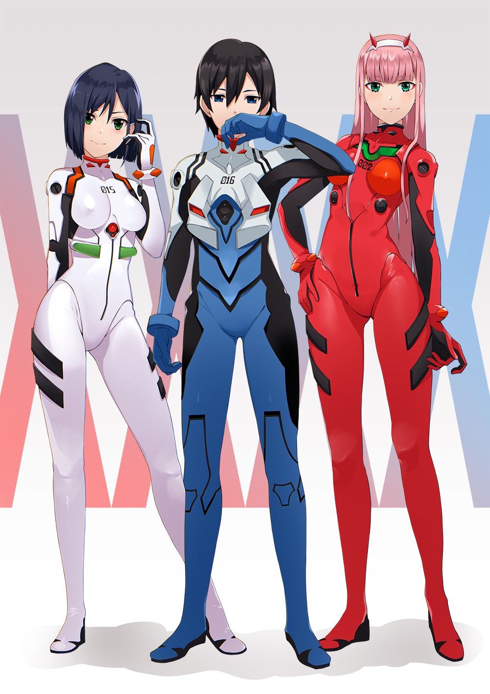 1boy, 2girls, akuan_(7jackpot7), ayanami_rei, ayanami_rei_(cosplay), black_hair, blue_bodysuit, blue_eyes, bodysuit, contrapposto, cosplay, darling_in_the_franxx, full_body, green_eyes, highres, hiro_(darling_in_the_franxx), ichigo_(darling_in_the_franxx), ikari_shinji, ikari_shinji_(cosplay), long_hair, looking_at_viewer, multiple_girls, neon_genesis_evangelion, pink_hair, plugsuit, red_bodysuit, short_hair, skin_tight, souryuu_asuka_langley, souryuu_asuka_langley_(cosplay), standing, white_bodysuit, zero_two_(darling_in_the_franxx)