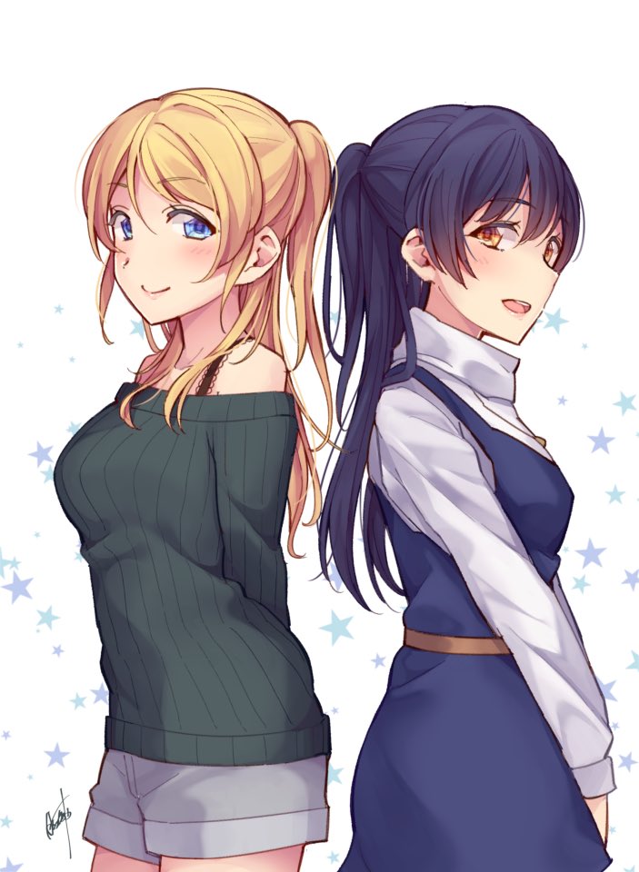 2girls, alternate_hairstyle, arms_behind_back, ayase_eli, back-to-back, bangs, bare_shoulders, blonde_hair, blue_dress, blue_hair, closed_mouth, commentary_request, dress, from_side, hair_between_eyes, hatagaya, long_hair, long_sleeves, looking_at_viewer, love_live!, love_live!_school_idol_project, multiple_girls, open_mouth, ponytail, shorts, simple_background, smile, sonoda_umi, star, yellow_eyes