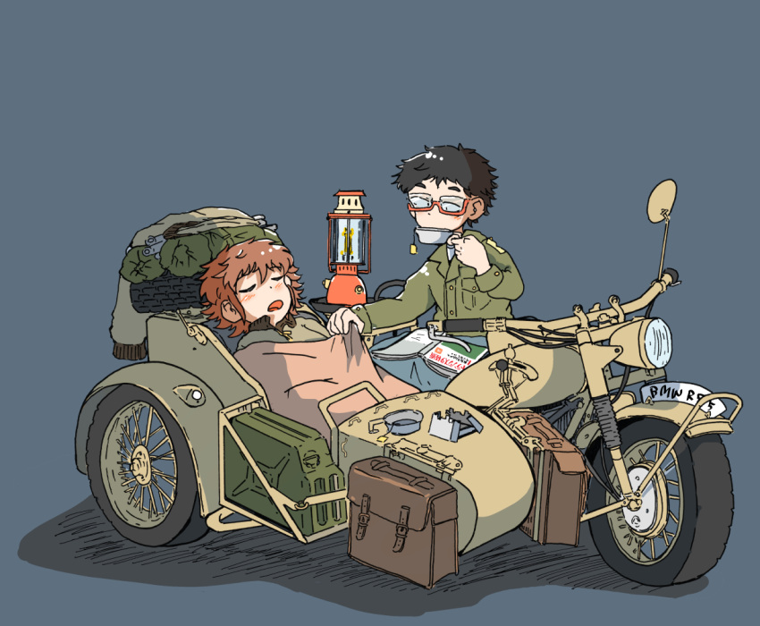 1boy, 1girl, bag, black_hair, drinking, glasses, ground_vehicle, jerry_can
