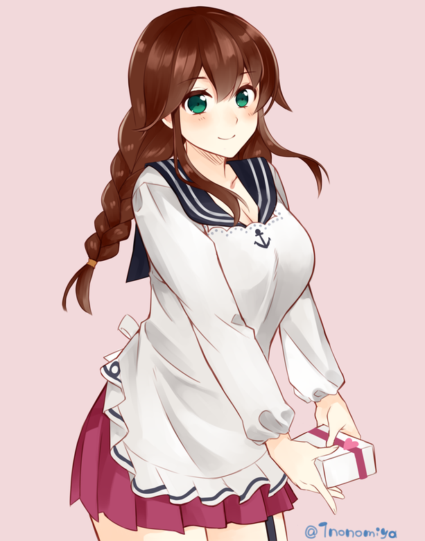 1girl, adapted_costume, anchor_print, apron, blush, braid, breasts, brown_hair