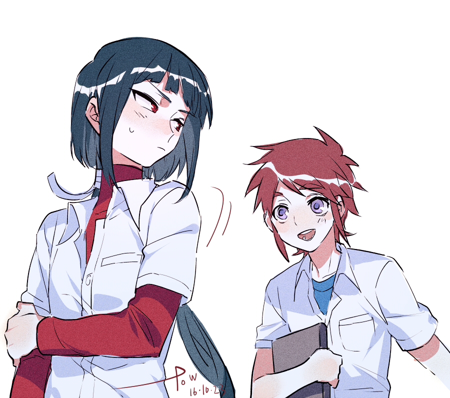 1boy, 1girl, :d, androgynous, black_hair, dated, embarrassed, hand_on_own_arm
