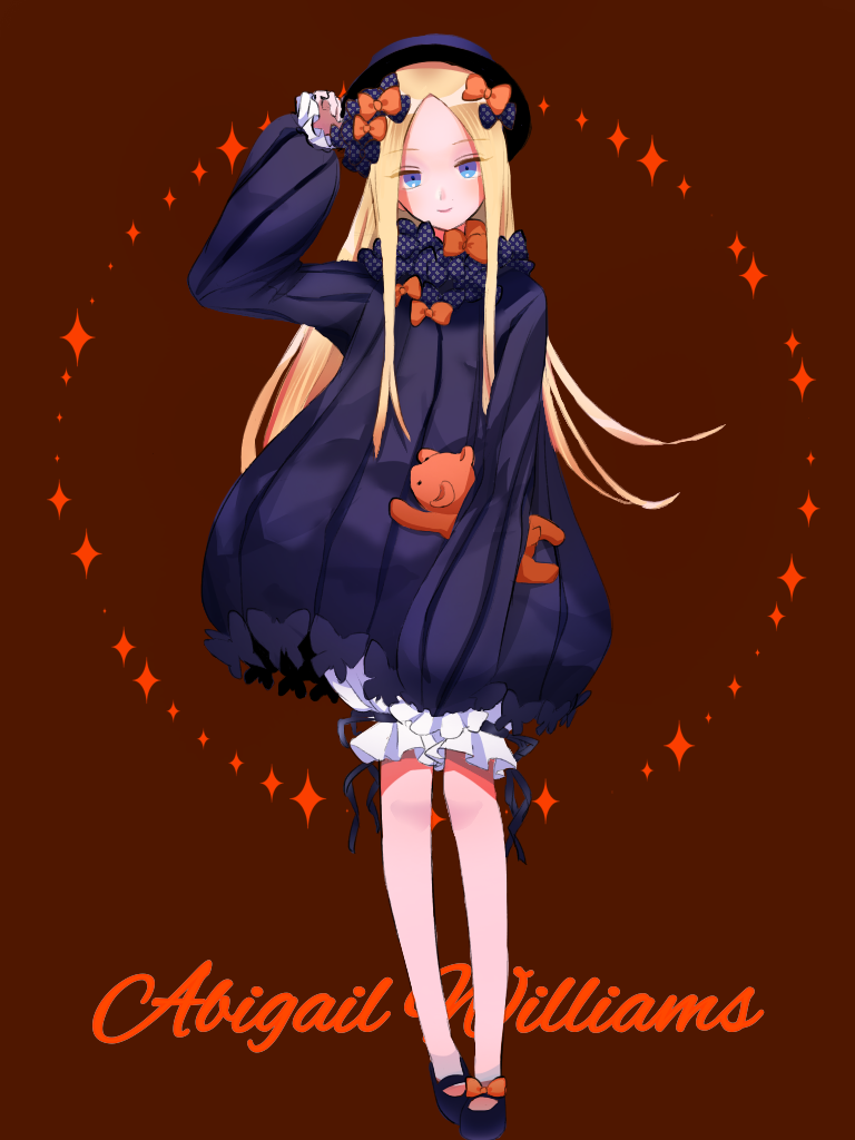 1girl, abigail_williams_(fate/grand_order), arm_up, bangs, black_bow, black_dress, black_footwear, black_hat, blonde_hair, bloomers, blue_eyes, bow, brown_background, butterfly, character_name, closed_mouth, commentary_request, dress, eyebrows_visible_through_hair, fate/grand_order, fate_(series), full_body, gankake_(misary), hair_bow, hat, head_tilt, long_hair, long_sleeves, looking_at_viewer, mary_janes, object_hug, orange_bow, parted_bangs, polka_dot, polka_dot_bow, shoes, sleeves_past_fingers, sleeves_past_wrists, smile, solo, standing, stuffed_animal, stuffed_toy, teddy_bear, underwear, very_long_hair, white_bloomers