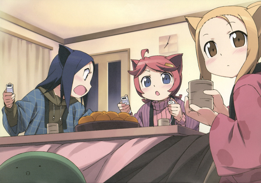 ahoge, angry, animal_ears, blonde_hair, blue_eyes, blue_hair, blush, brown_eyes, cat_ears, catgirl, chibi, child, food, fruit, hair_ornament, indoors, kanzaki_hiro, multiple_girls, orange, red_hair, short_hair, tabgraphics, tareme, wii, wiimote