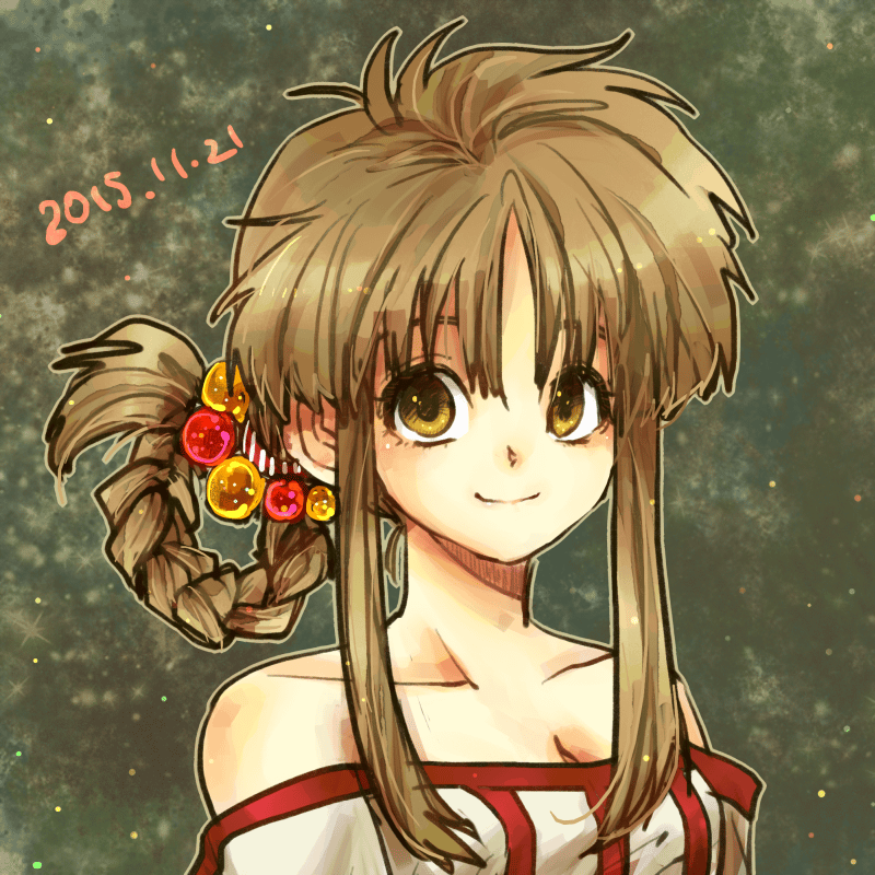 1girl, arc_the_lad, arc_the_lad_ii, bare_shoulders, blonde_hair, braid, breasts, brown_eyes, brown_hair, cleavage, commentary_request, dress, lieza, long_hair, looking_at_viewer, smile, solo, yadoso