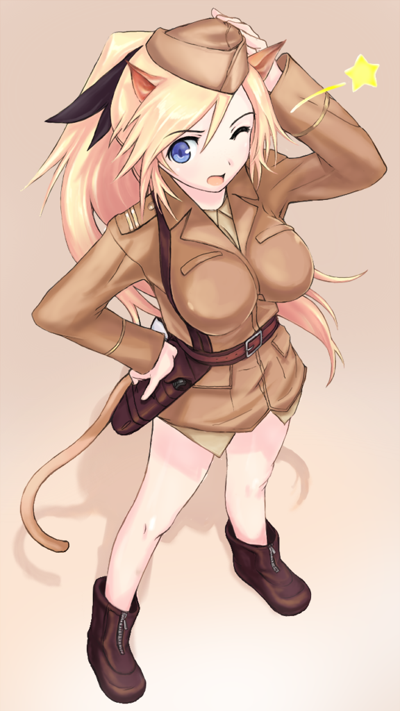 blonde_hair, blue_eyes, boots, breasts, hand_on_hip, holster, katharine_ohare, long_hair