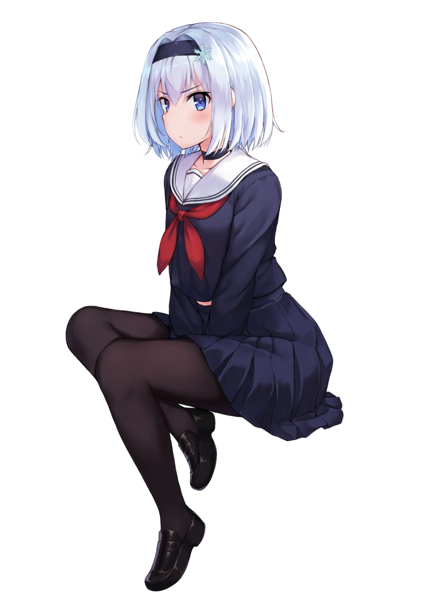 1girl, between_legs, black_choker, black_footwear, black_hairband, black_legwear, black_serafuku, black_shirt