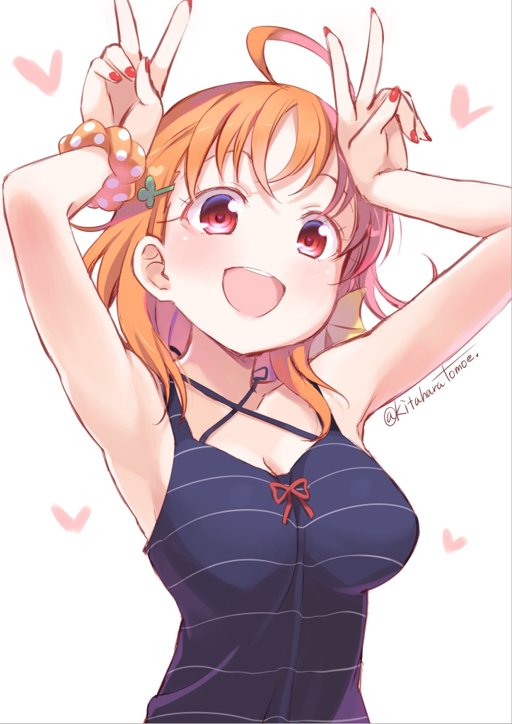 1girl, :d, ahoge, armpits, arms_up, artist_name, black_shirt, breasts