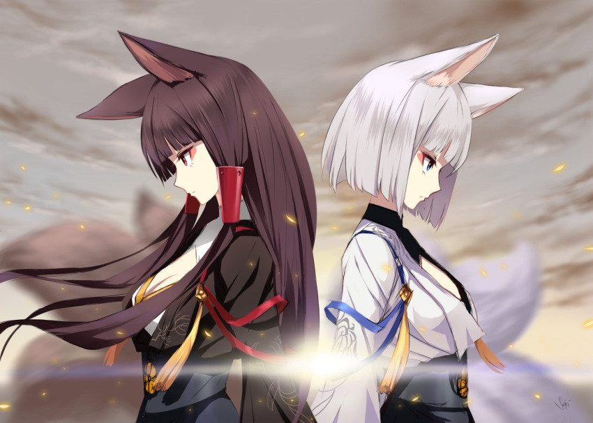 2girls, akagi_(azur_lane), animal_ears, azur_lane, back-to-back, black_hair, breasts, cleavage