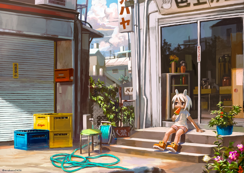 1girl, animal_ears, beer_crate, black_eyes, box, building, chain-link_fence, clouds