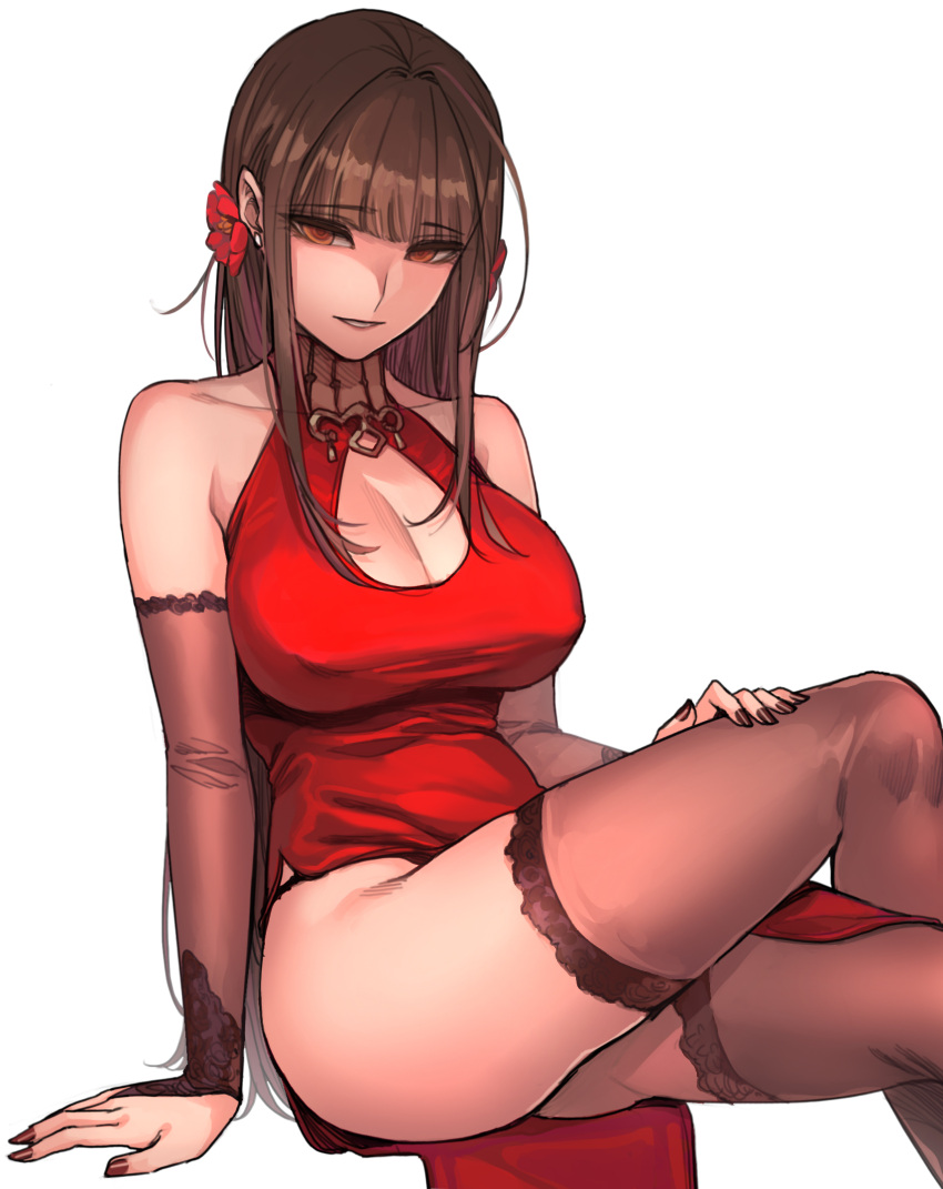 1girl, arm_support, bangs, bare_shoulders, black_legwear, black_panties, blunt_bangs, breasts