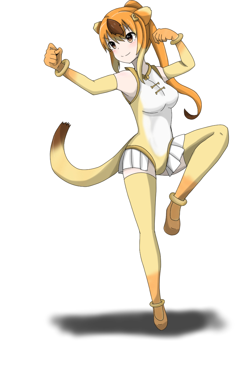 1girl, bare_shoulders, bracelet, elbow_gloves, eyebrows_visible_through_hair, fighting_stance, frilled_leotard, frills, gloves, golden_snub-nosed_monkey_(kemono_friends), highres, jewelry, kemono_friends, leotard, long_hair, monkey_ears, monkey_girl, monkey_tail, multicolored_hair, smile, standing, standing_on_one_leg, tail, thigh-highs, user_rrrm2784, v-shaped_eyebrows