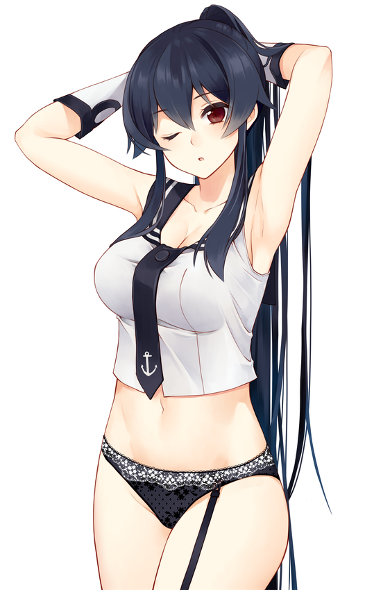 1girl, anchor_symbol, armpits, arms_behind_head, arms_up, bangs, black_hair, black_neckwear, black_panties, black_sailor_collar, breasts, cleavage, collarbone, cowboy_shot, elbow_gloves, eyebrows_visible_through_hair, garter_straps, gloves, ichinomiya_(blantte), kantai_collection, large_breasts, lingerie, long_hair, looking_at_viewer, navel, necktie, panties, ponytail, red_eyes, sailor_collar, shirt, sidelocks, simple_background, sleeveless, sleeveless_shirt, solo, standing, tareme, thighs, underwear, very_long_hair, white_background, white_gloves, white_shirt, yahagi_(kantai_collection)
