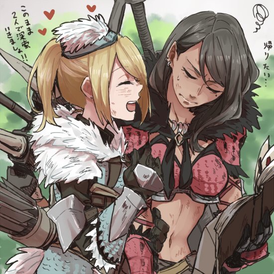 2girls, anjanath_(armor), arrow, black_hair, blonde_hair, breasts, dirty_face, heart