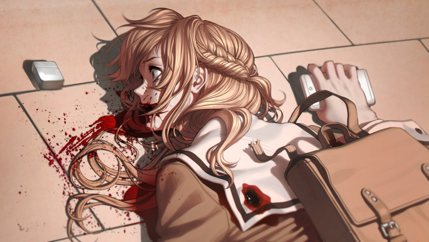 1girl, aconitea, bag, blonde_hair, blood, blood_from_mouth, braid, brown_eyes