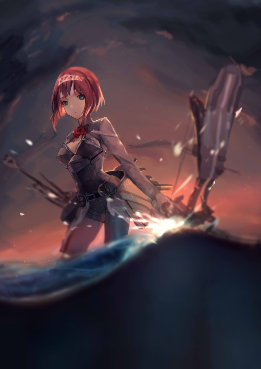 1girl, absurdres, ajirui, ark_royal_(kantai_collection), bangs, belt, blue_eyes, blunt_bangs, blurry, bob_cut, bow_(weapon), breasts, buckle, cannon, cleavage_cutout, closed_mouth, clouds, composite_bow, corset, depth_of_field, dusk, expressionless, eyebrows_visible_through_hair, fingerless_gloves, floating_hair, gloves, hairband, highres, holding, holding_bow_(weapon), holding_weapon, jacket, kantai_collection, long_sleeves, looking_at_viewer, machinery, overskirt, pantyhose, quiver, red_ribbon, redhead, ribbon, rigging, short_hair, shorts, sidelocks, solo, standing_in_water, tiara, tsurime, turret, water, water_drop, waves, weapon, white_legwear, white_shorts, wind, wind_lift